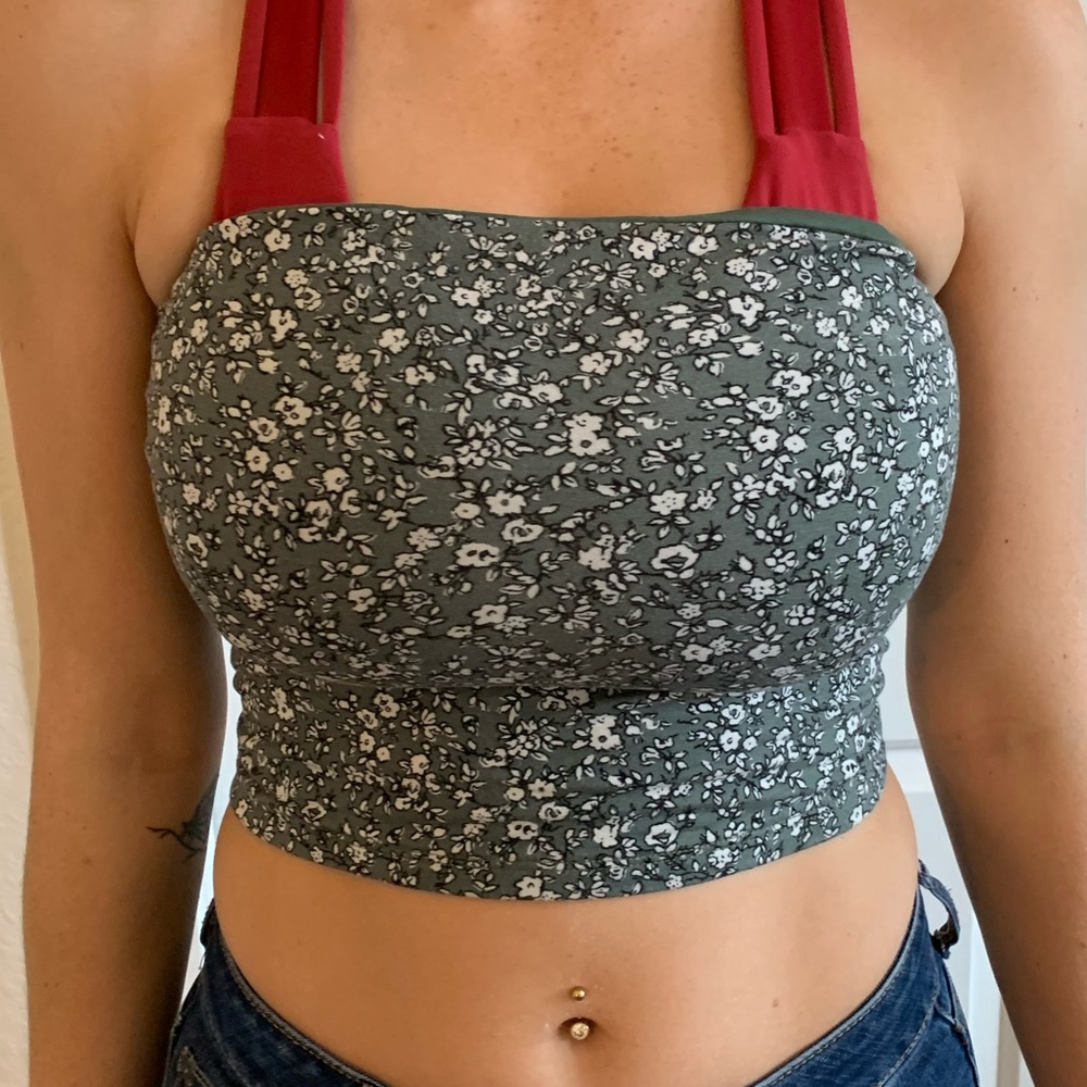Green flower pattern bandeau crop top